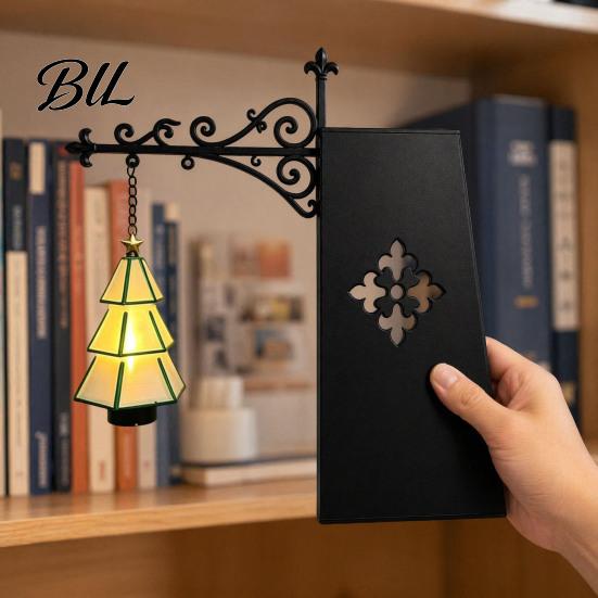 Warm Glow Night Light Christmas Tree Bookshelf Lantern, Vintage Iron Wall Hanging Decor, LED Battery Operated Bookend Ornament, Rustic Art for