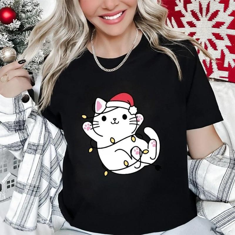 Funny Christmas Cat Printed T-Shirt Women Summer Fashion Tshirt Christmas Party Casual Fashion Tee Shirt Short Sleeve Tops