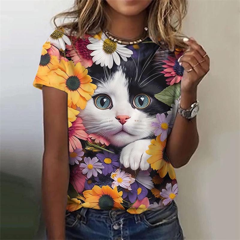 Cat pattern women's T-shirt animal 3D printing T-shirt summer casual round neck short sleeved T-shirt Y2k top Harajuku women's clothing
