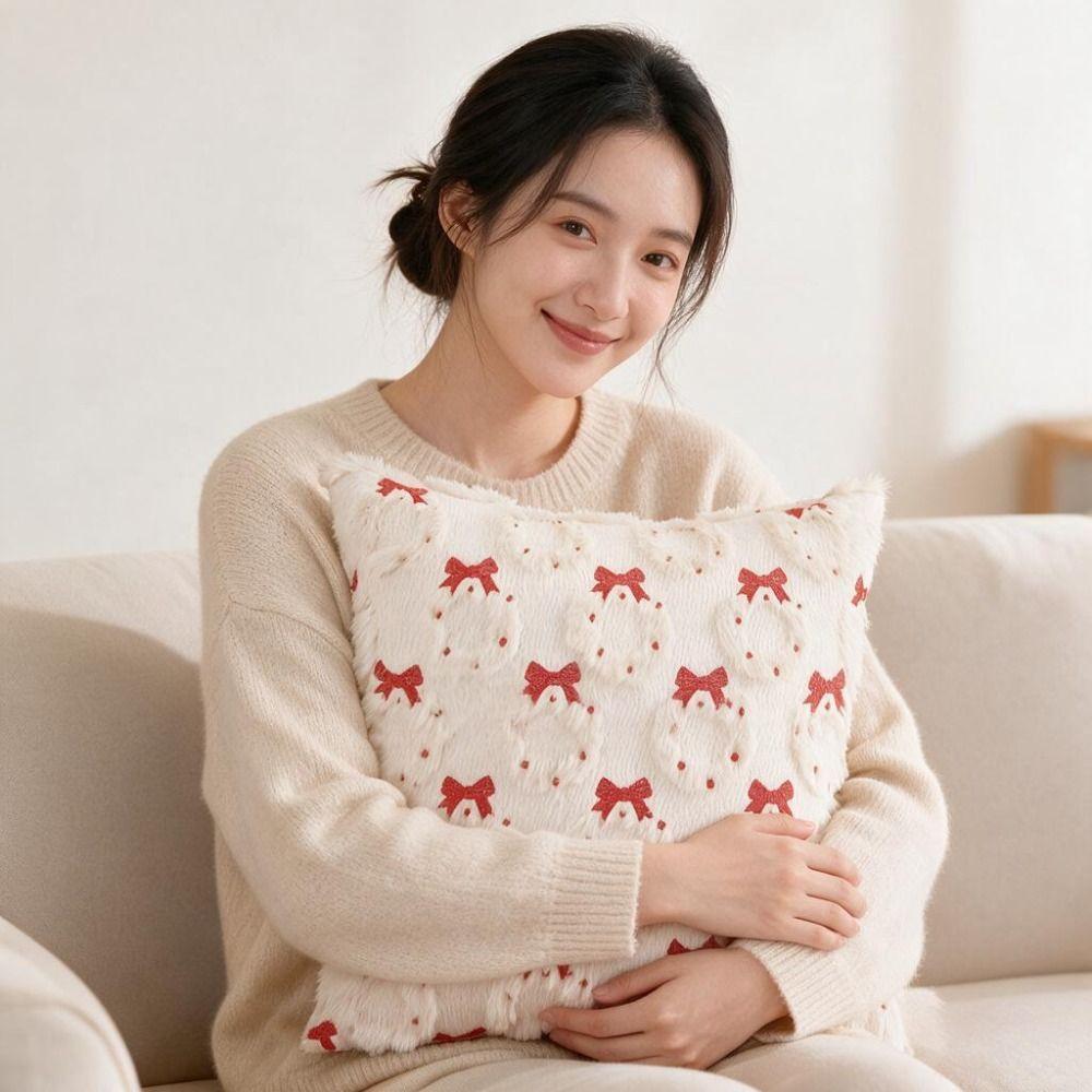 Plush Christmas Decorative Cushion Cover Christmas Tree Wreath Pattern Embroidered Sofa Cushion Slipcover Square Hidden Zipper