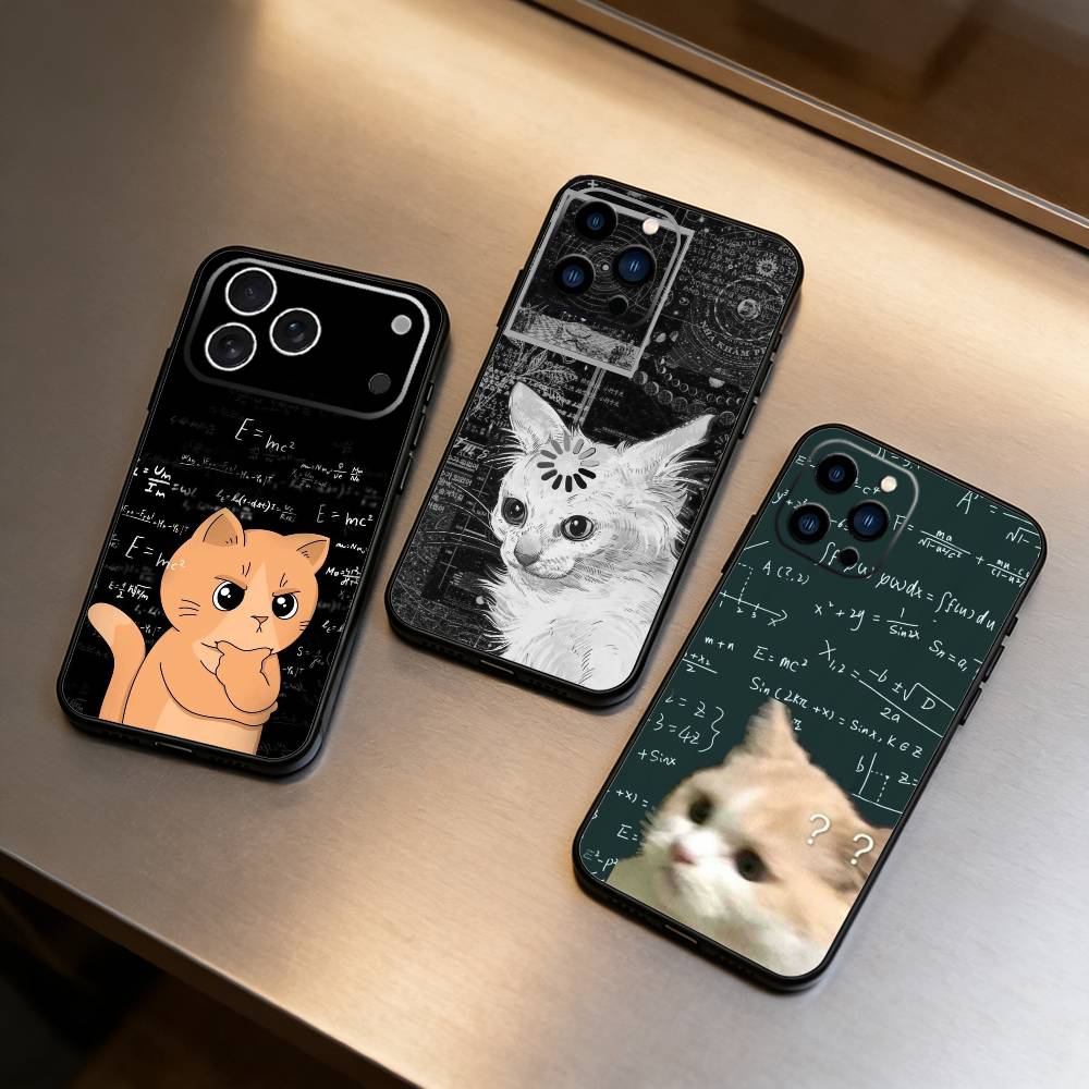 Thinking Cat Animal Phone Case For iPhone 17 16 15 14 13 12 Max Plus Silicone Black Cover