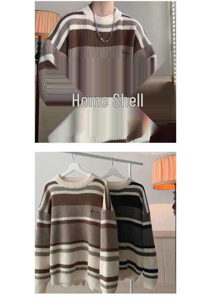 Tejido de punto a rayas retro japonés: Suéter holgado unisex de otoño/invierno