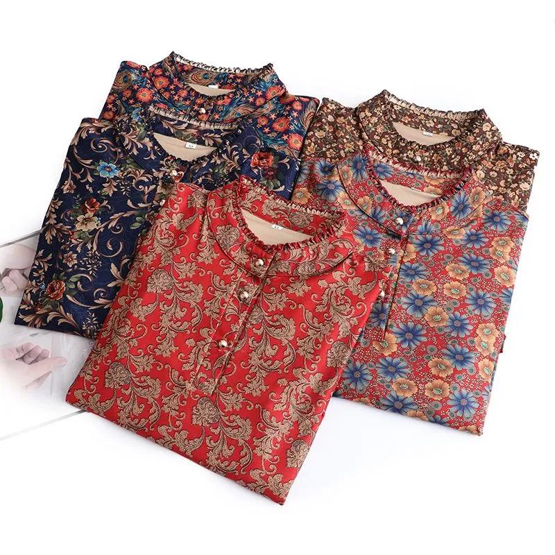 Autumn Bottoming Shirt T-shirt Women's Plus Size Loose Belly Covering Western Style Lace Collar Printed Long-sleeved Top