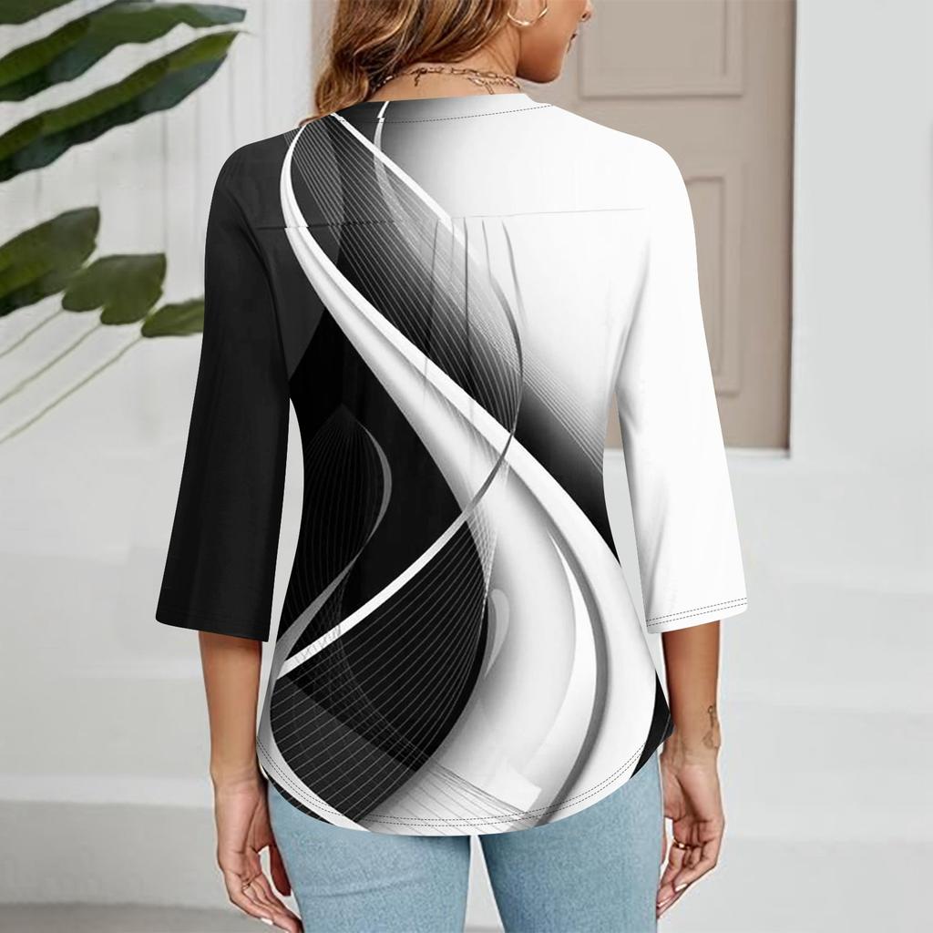 Women's V-neck Gradient Print Three-quarter Sleeve Fashion Top