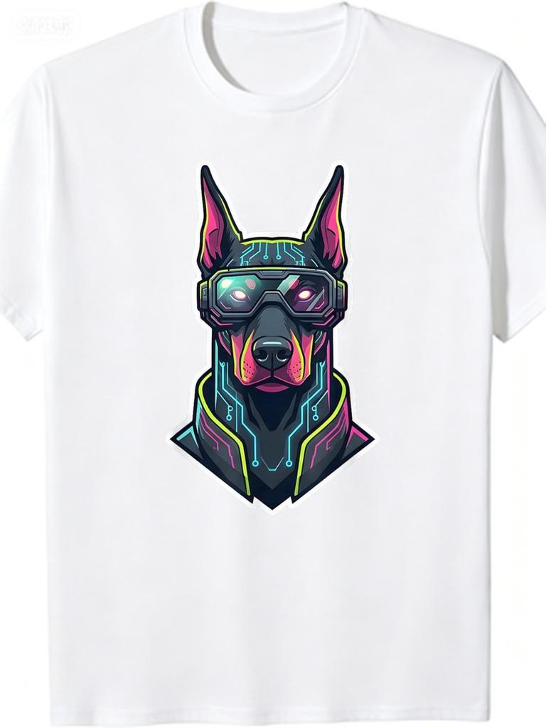 1pc Mens Graphic T Shirt Cyberpunk Futuristic Doberman Short Sleeve Crew Neck