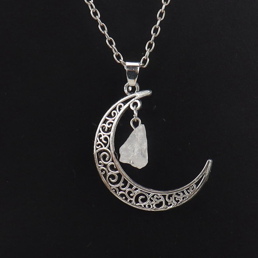 Hollow Moon Natural Rough Stone Crystal Pendant Necklace Amethyst Pendant Couple Necklace N597