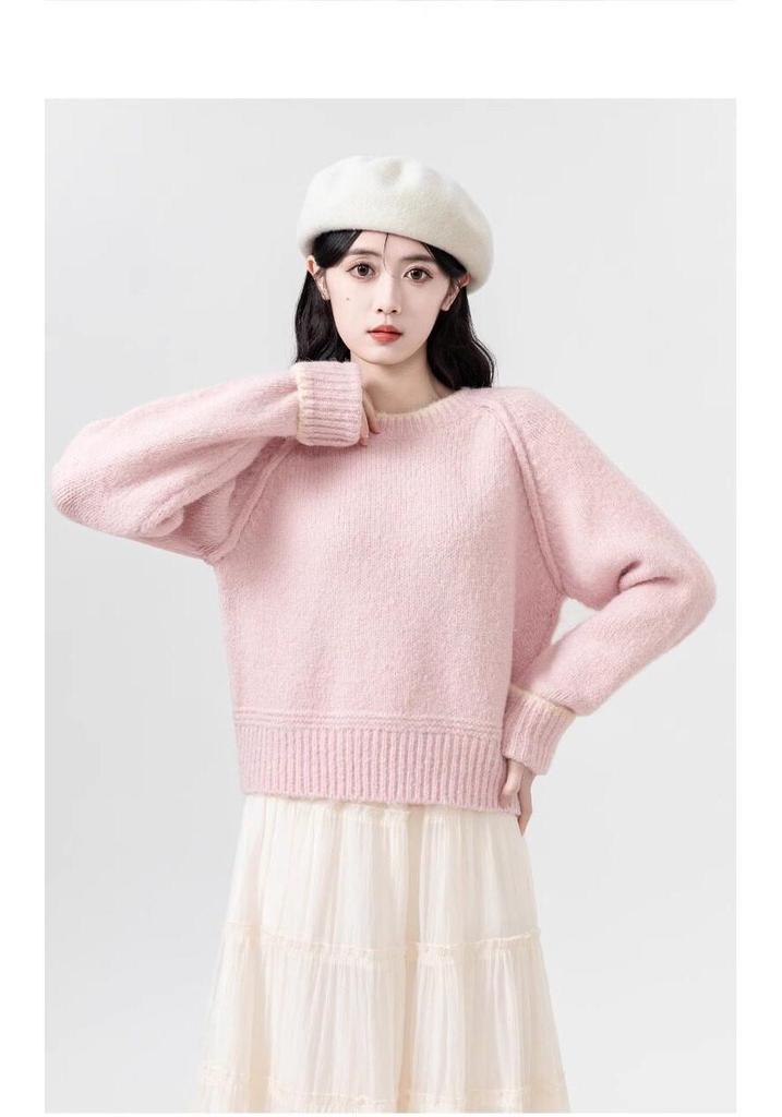 Women's Petite Thick Gray Sweater - Autumn/Winter 2026 Round Neck Knit Top