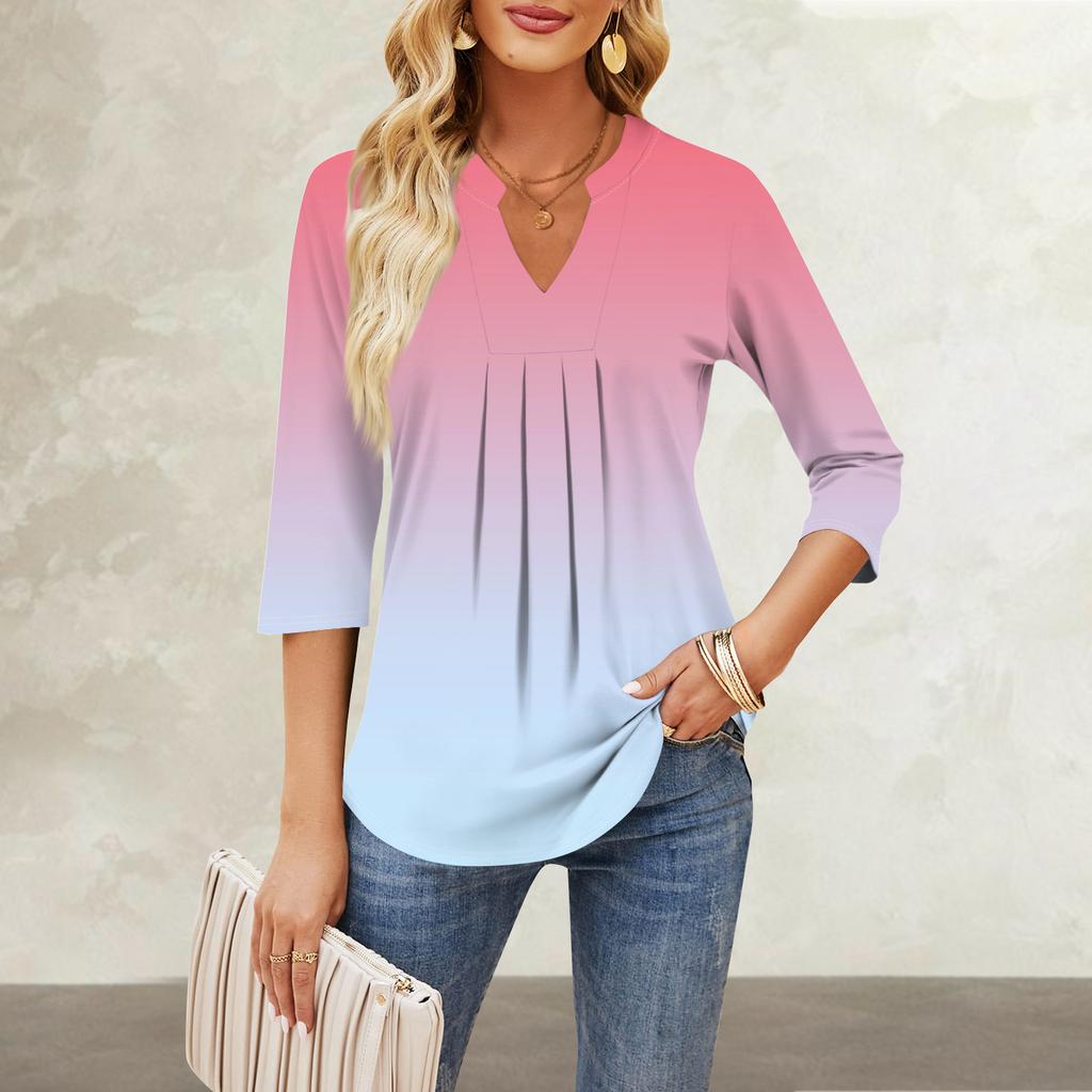 Damen Siebenviertelärmel Tops Lässig V-Ausschnitt Brustrüschen Einfarbig Locker T-Shirt Tops