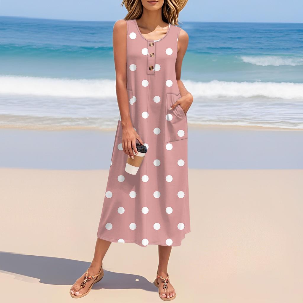 Rochie de vară pentru femei, cu imprimeu pe buline, fără mâneci, cu nasturi în jos, casual, vrac, lungă, pentru plajă