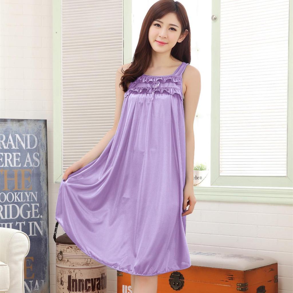 Solid Color Ice Silk Summer Nightdress - Short-Sleeved Pajamas for Women, Plus Size, Long Home Wear