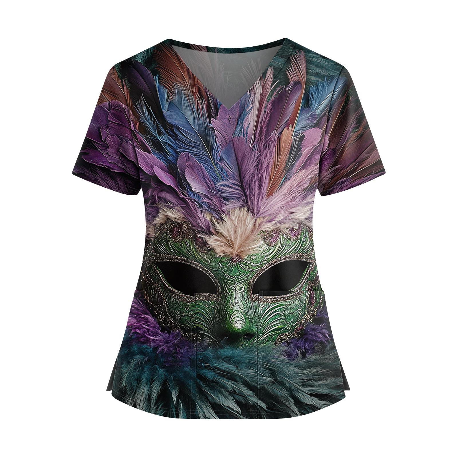 

Women s Caregiver Printed V-Neck Double Pocket Short Sleeves Hem Slit Uniform Caregiver Top L