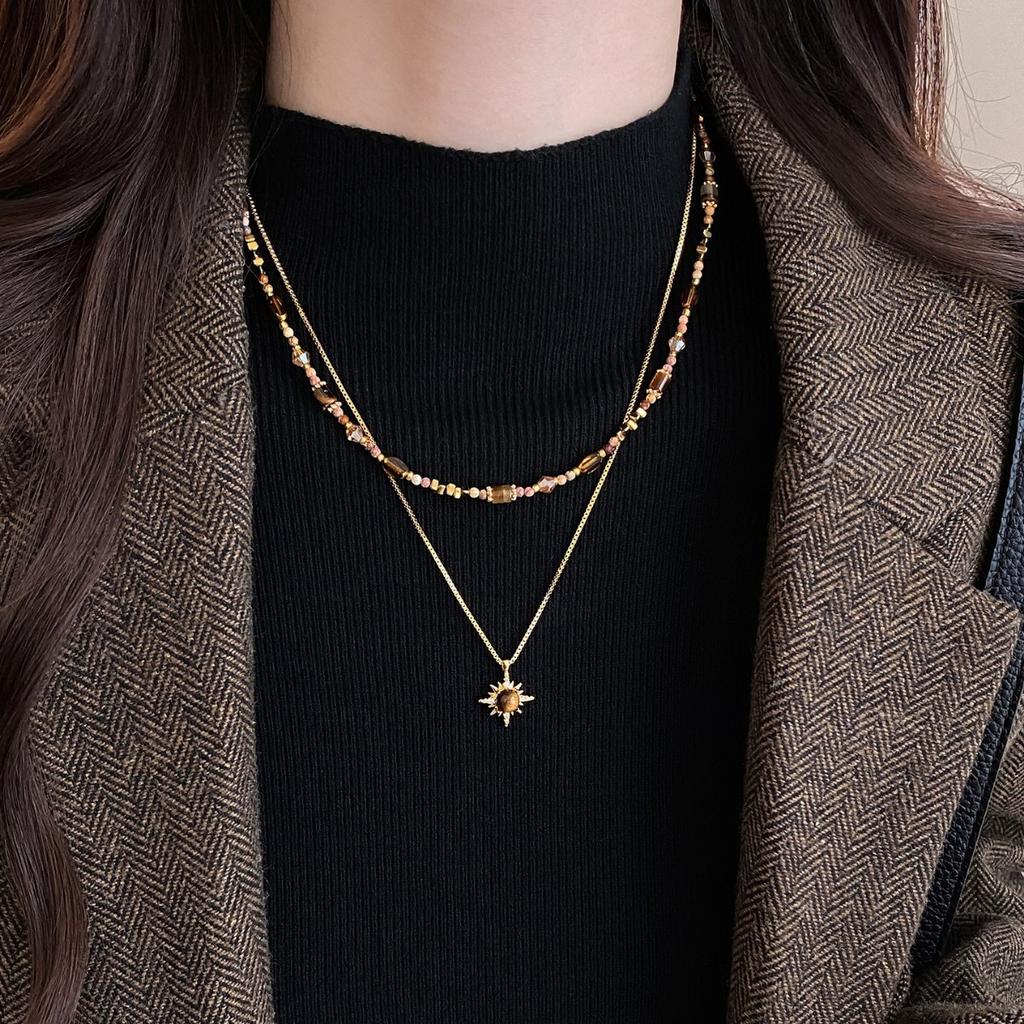 Two-piece Set, Tiger's Eye Stone, Sunflower Necklace, Women's Retro Light Luxury High-end Sweater Chain, Niche Stacked Wear
