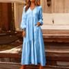 Women's Fashionable Solid Color V-neck Long Sleeved Loose Button Cotton Linen Retro Large Swing Long Casual Dress