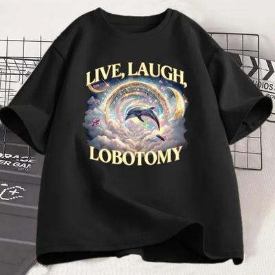 Live Laugh Lobotomy T Shirt Women Funny Dolphin Meme T-Shirt Silly Cotton Short Sleeve Weird Vintage Graphic T-Shirts