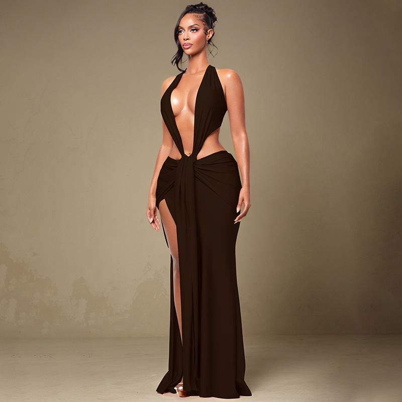 European & American Women's Spring Halter Sleeveless Deep V Backless Ribbon Long Dress