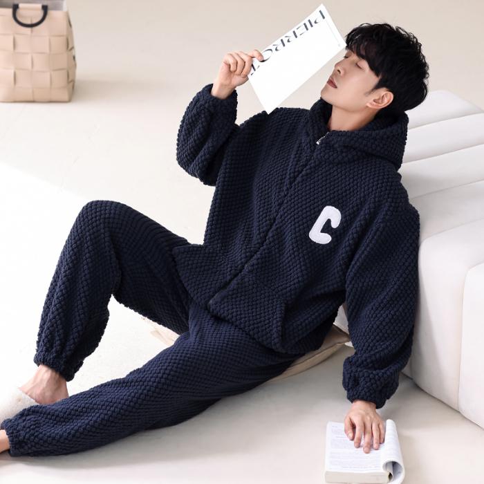 Men's Coral Fleece Lined Hooded Thickened Sleepwear Cardigan Home Clothes Sports Set Winter Warm Cozy Flannel Pajamas Suit