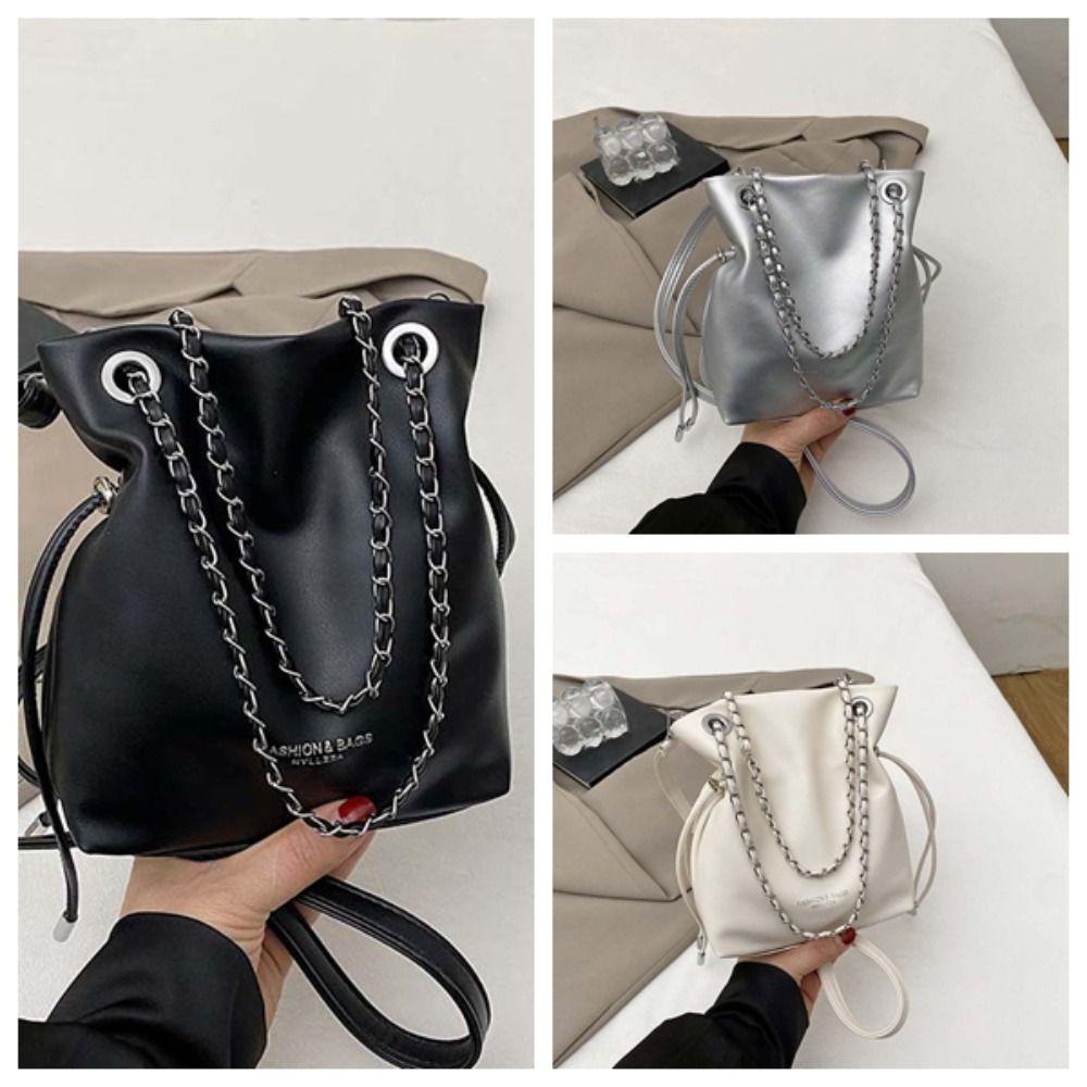 Phone Pouch Bucket Drawstring Bag Large Capacity Solid Color Leather Chain Handbag Magnetic Buckle Anti-splash Water