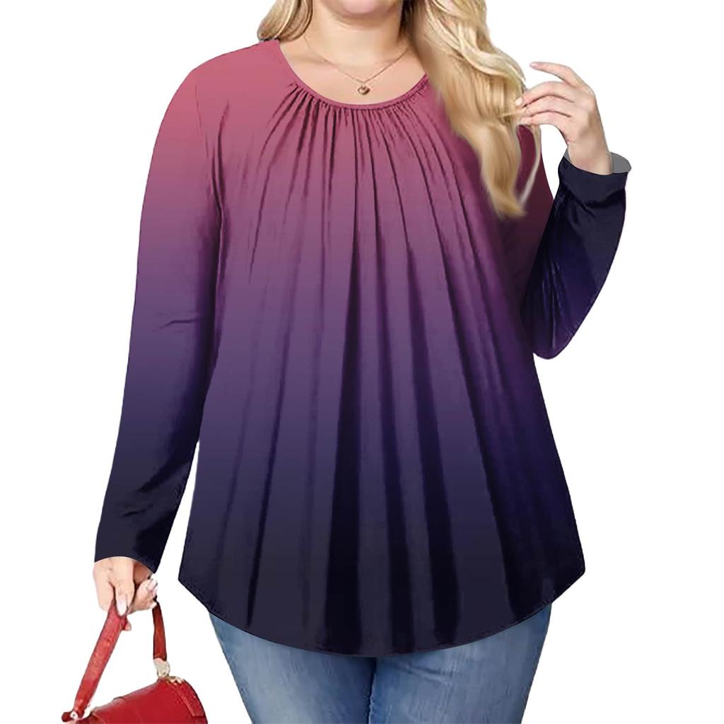 Women's Plus Size Fashion Printed Casual Pleated Round Neck Long Sleeve Top