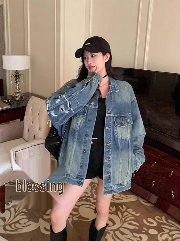 Women's Retro Ripped Denim Jacket for Spring/Autumn 2024 - Loose, Versatile Cardigan Top