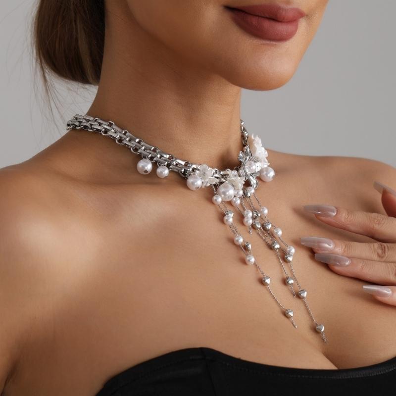 Elegant Flower Design Necklace With Dangling Beaded Tassels Adjustable Length Romance Pearls Accessory