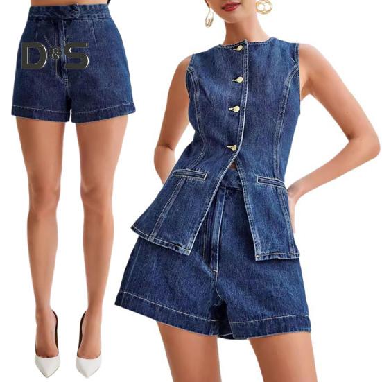 Vestă pentru femei Pantaloni scurți fără mâneci, cu un singur piept, cu tiv despicat, cu gât rotund, cu nasturi, cu talie înaltă, pantaloni scurti de culoare solidă