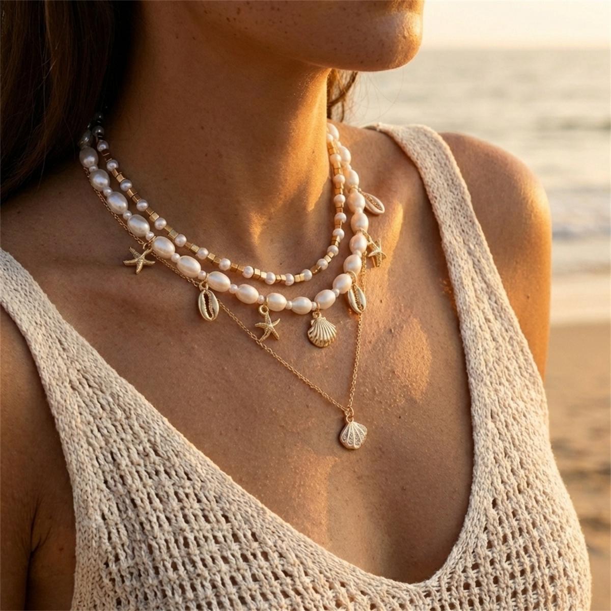 

Multilayer Imitation Pearl Heart Soft Clay Beaded Shell Starfish Pendant Necklace For Women Men Summer Conch Choker Zircon Gift
