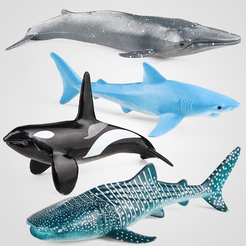 Marine Animal Model Set: Blue Shark, Orca, Whale, Gray Whale Figurines for Baby Cognitive Play