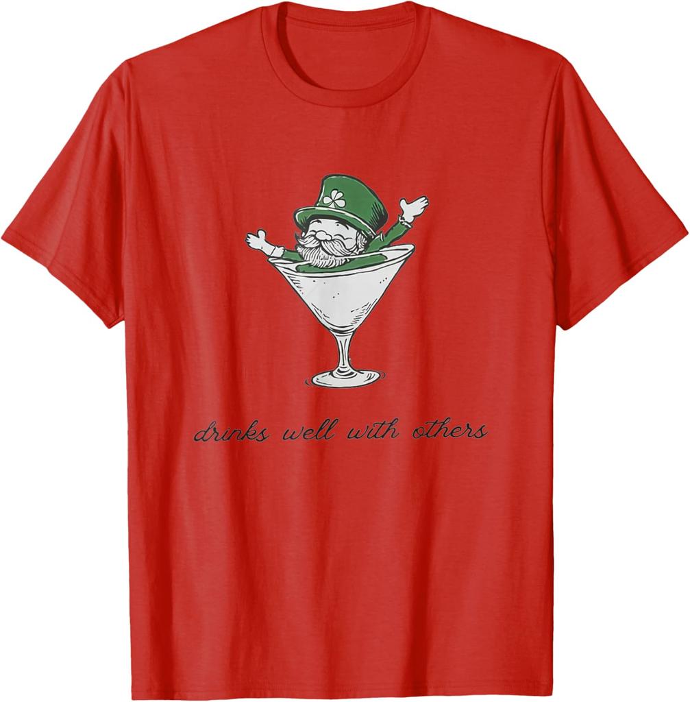 Leprechaun Martini Drinks Well With Others St Patrick's Day Graphic Tee Casual Cotton T-Shirt