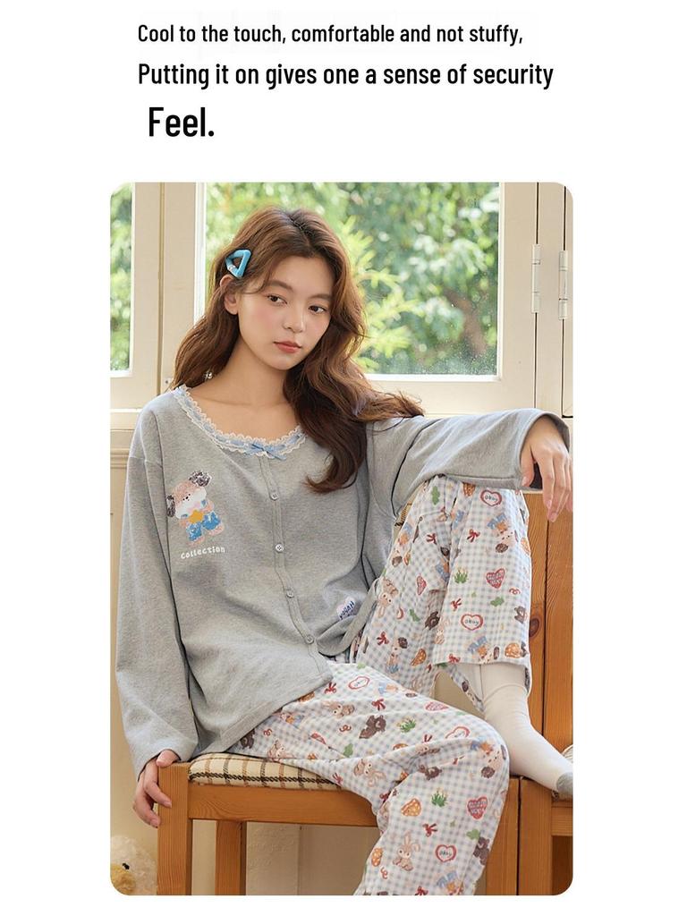 2025 Women's Pure Cotton Pajama Set - Long Sleeve & Pants, with Breast Pads, Loose Home Wear, Spring/Autumn Two-Piece.