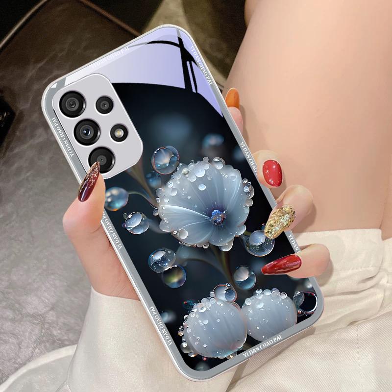 Dewdrop Flower White For Samsung Galaxy S10 4G S20 11E 30 S21 21Fe 22 S24 Pro S23 Ultra 5G S8 S9 Tempered Glass Phone Case