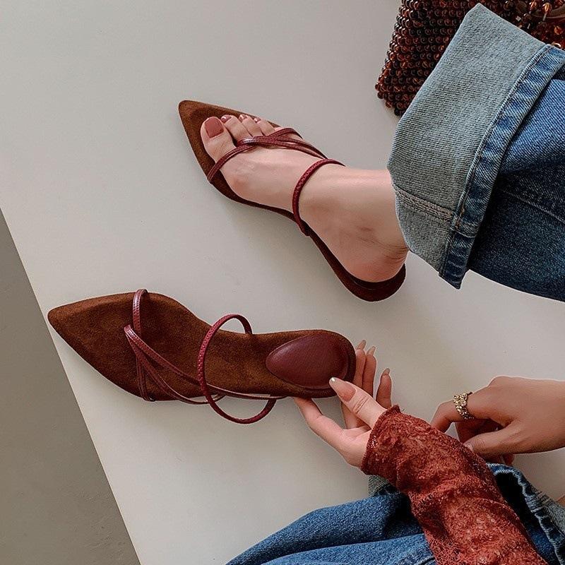 Two sandals with wind holiday pointed golden strap heel shoes women wear cool slippers summer