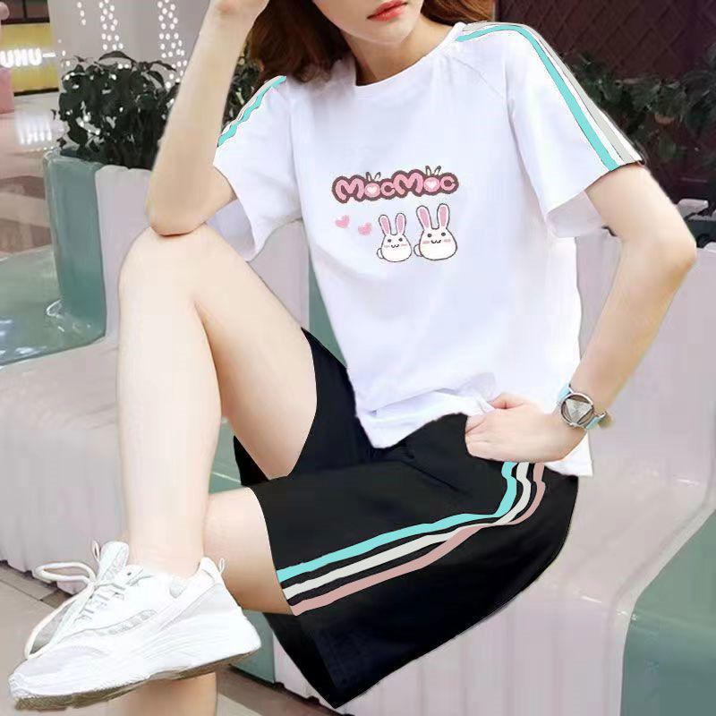 Women's Korean-Style Summer White Loose Plus Size Short Sleeve T-Shirt & Shorts Set