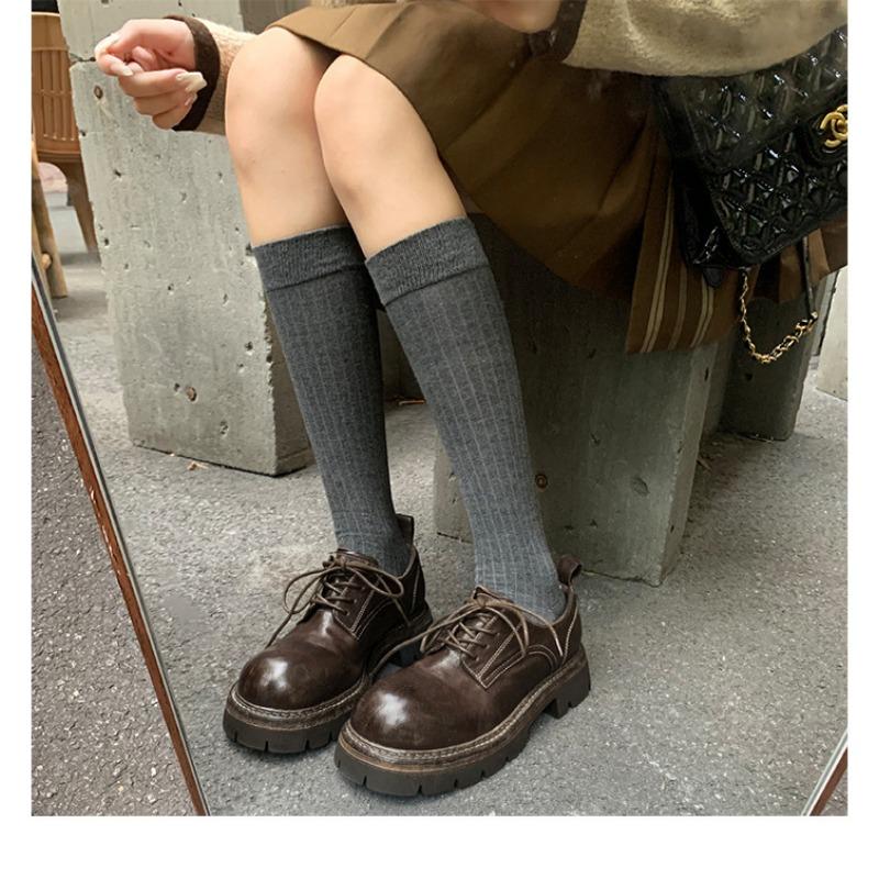 Sheepskin~ Platform Muffin Women's Genuine Leather Retro Thick Heel Lace-up Single Shoes British College Style Small Leather Shoes