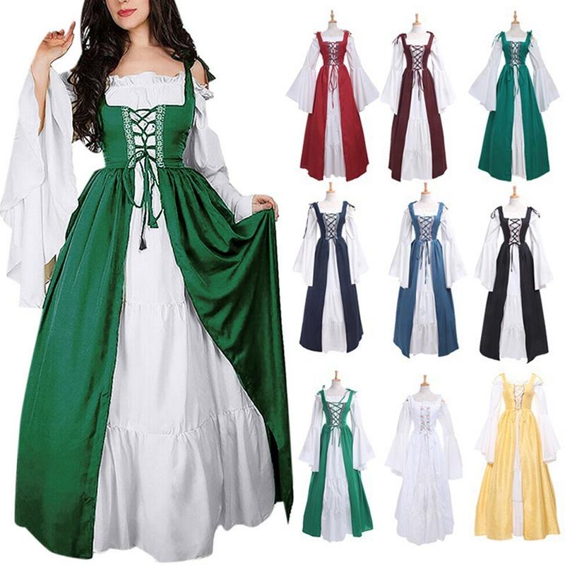 Renaissance Womens Vintage Medieval Long Dress Halloween Gothic Costume Gown
