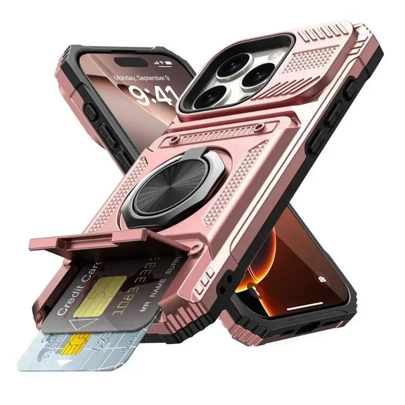 Hoesje Voor iPhone 17 16 15 14 13 Pro Max Plus 17 Air Magnetische Roterende Ring Standaard Heavy Duty Valbescherming Portemonnee Armor Cover iPhone17 Pro