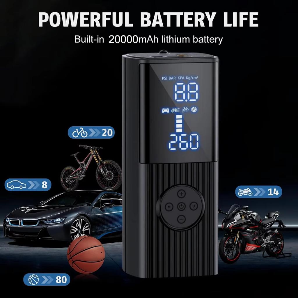 High Power Explosive Battery Car Tire Inflator 60L/min Bicycle Air Injector Portable Digital Compressor Electric Inflator with LED Light