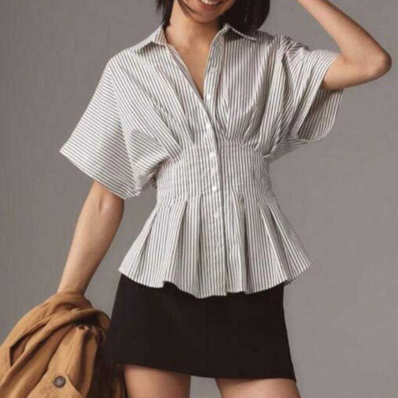 Summer New Women's Design Waist Shirt Casual Versatile Striped Pleated Slim Top