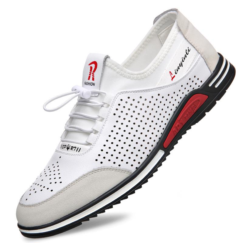 Sports and leisure shoes hollow cool leather shoes men's Korean version soft sole inner height increase men's shoes trendy white shoes men