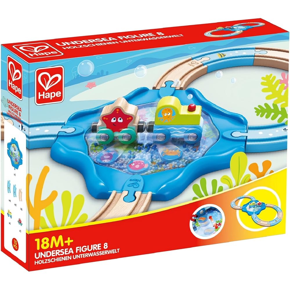 Hape Ocean Rolling 8 Figure Rail Set E3827 with colorful design, durable construction, and engaging play features
