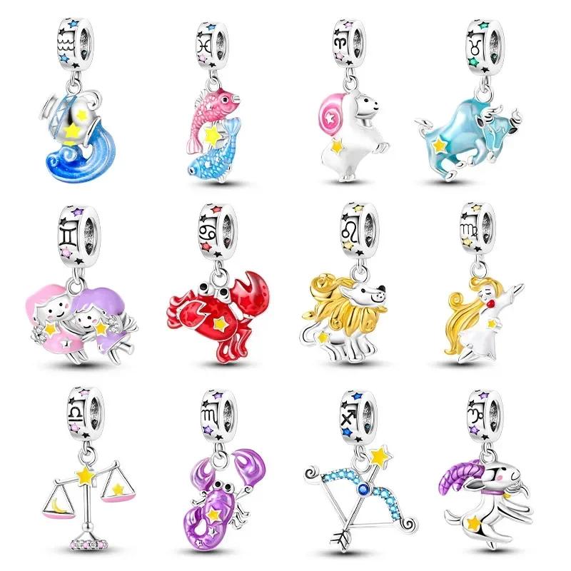 Cute Aries Cartoon Constellation Red Cancer Luminous Pisces Original Copper Charm Beads Fit Bracelet Girl Diy Gift Accessory