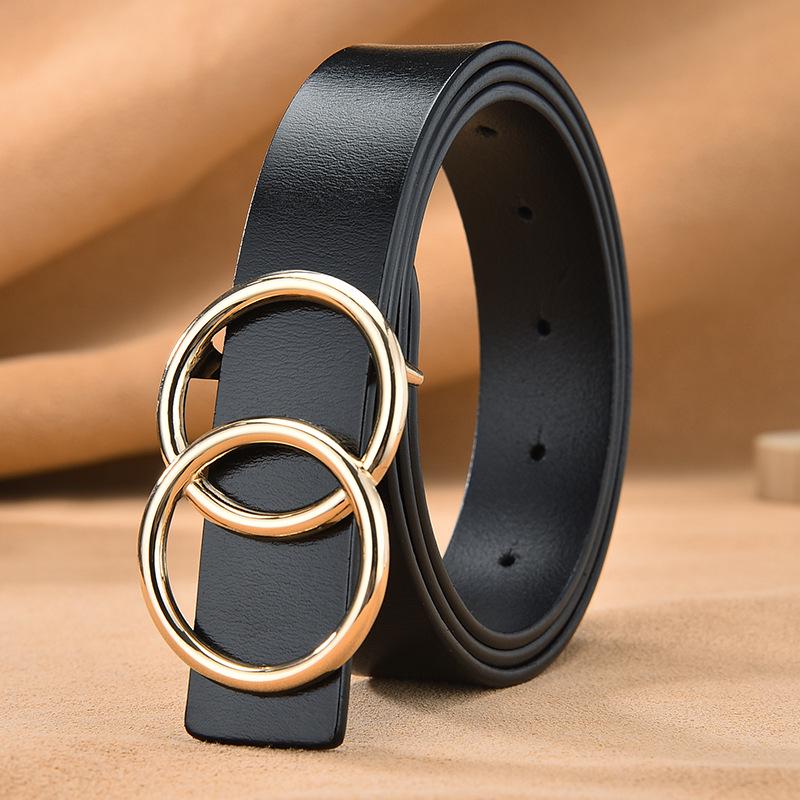 European and American spot popular belt women's and women's leather smooth buckle versatile double circle round buckle leather belt