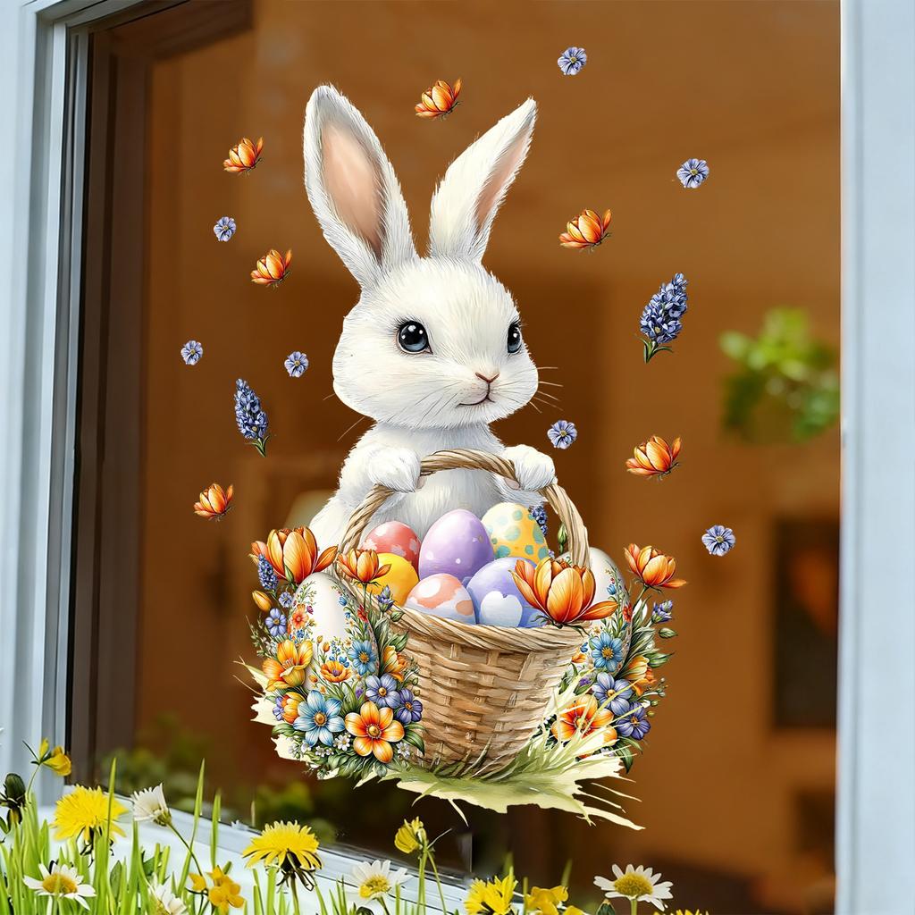 Cute Cartoon Easter Bunny Eggs Butterflies Static Cling Window Stickers No Glue Removable for Bedroom Living Room Study Holiday Decor