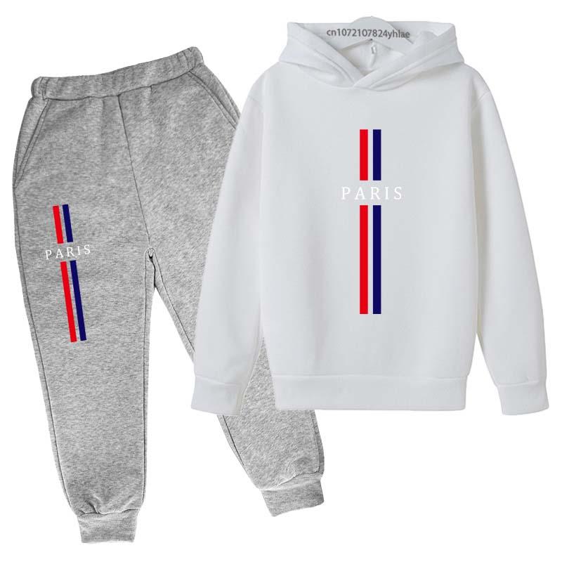 Jungen und Mädchen Herbst Freizeit Buchstabe Paris Aufdruck Hoodie+Hosen Anzug Mode Einfach Sport 2-teiliges Set Sport Trainingsanzug