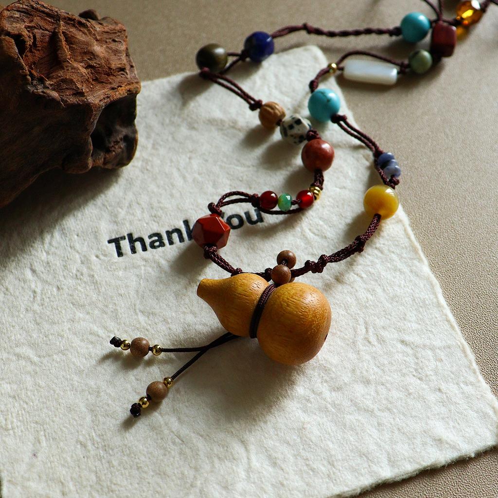 Woven Sweater Necklace for Women, Exquisite Sandalwood Gourd Turquoise Pendant Design Niche High End Autumn Winter Accessories