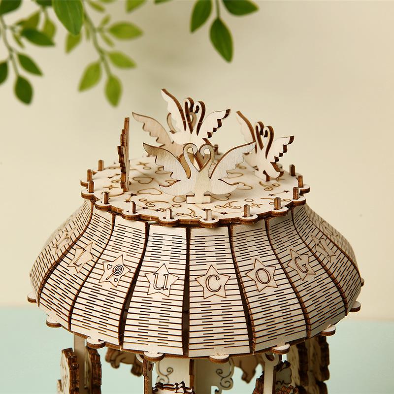 DIY Assembly 3D Wooden Vintage Carousel Music Box Romantic Rotating Ornament Decor Mechanical Kits Toys Gifts for Kids
