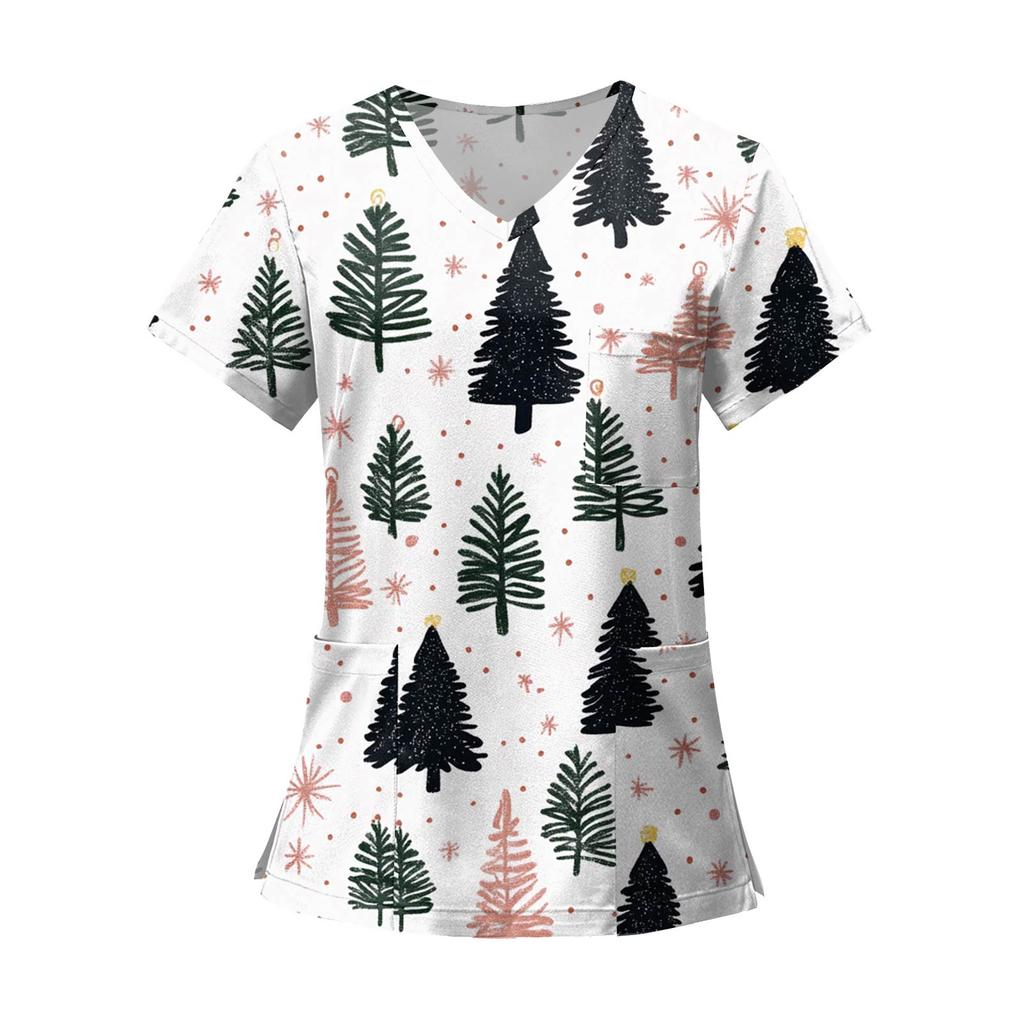 Women's Fashion Printed Short Sleeve V Neck Pattern Tops Pocket Working T-shirts