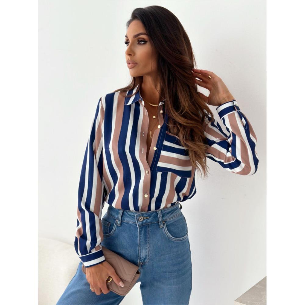 JPNTKY Dámská móda Ležérní Jaro Podzim Pruhovaný potisk Dlouhý rukáv POLO-Límec Halenky a Košile