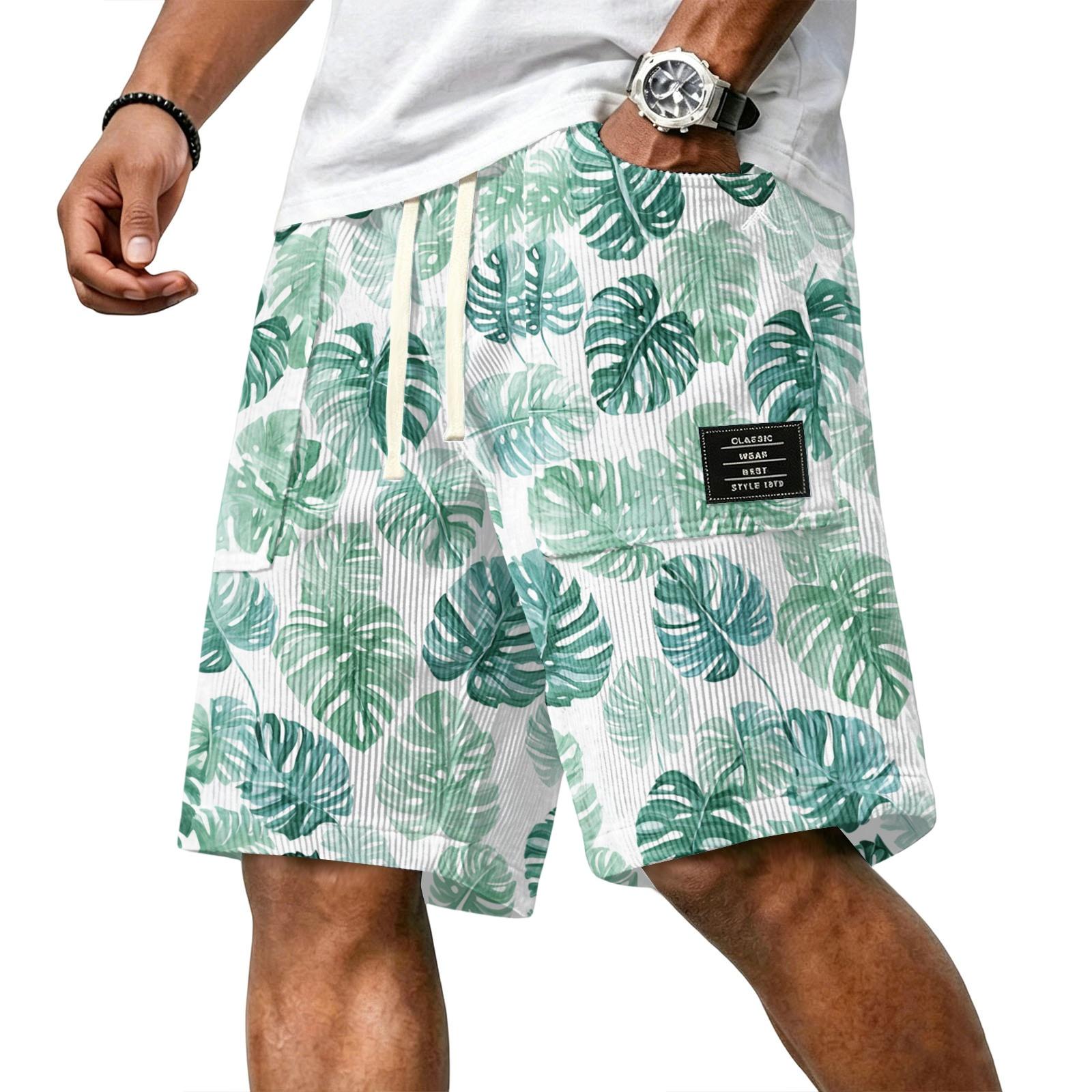 

Men Corduroy Drawstring Shorts with Tropical Leaf Print Elastic Waist Casual Fit Summer Beachwear Classic Wear Style 1979 XXL