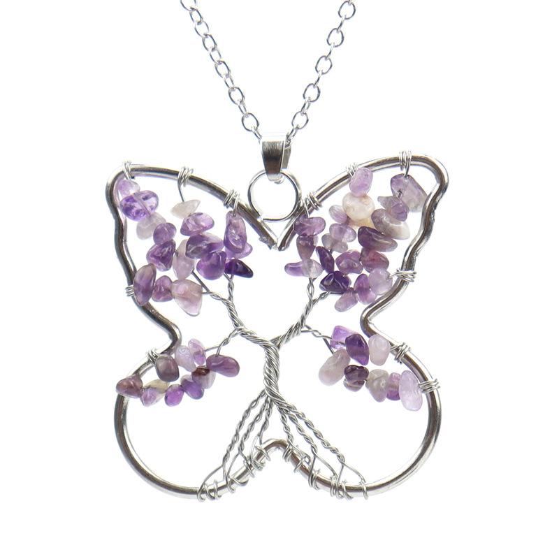 

Handmade Wrapped Butterfly Tree Of Life Necklace Gravel Crystal Pendant N76 аметист