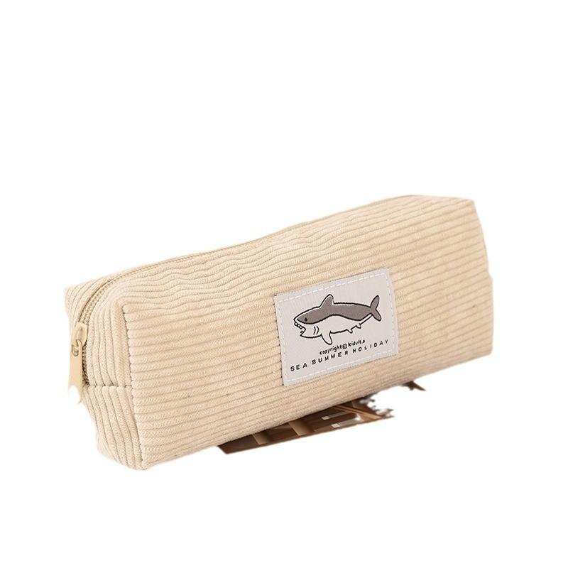 Cute Shark Corduroy Pen Bag With Durable Material For School And Office Use